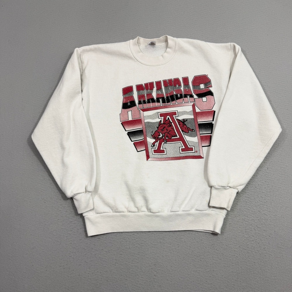 Vintage Arkansas Razorbacks Sweatshirt Men's Large White Red 90s Crewneck NCAA